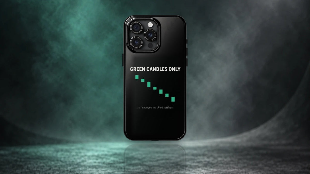Green Candles Only phone case standing on a dark teal studio floor
