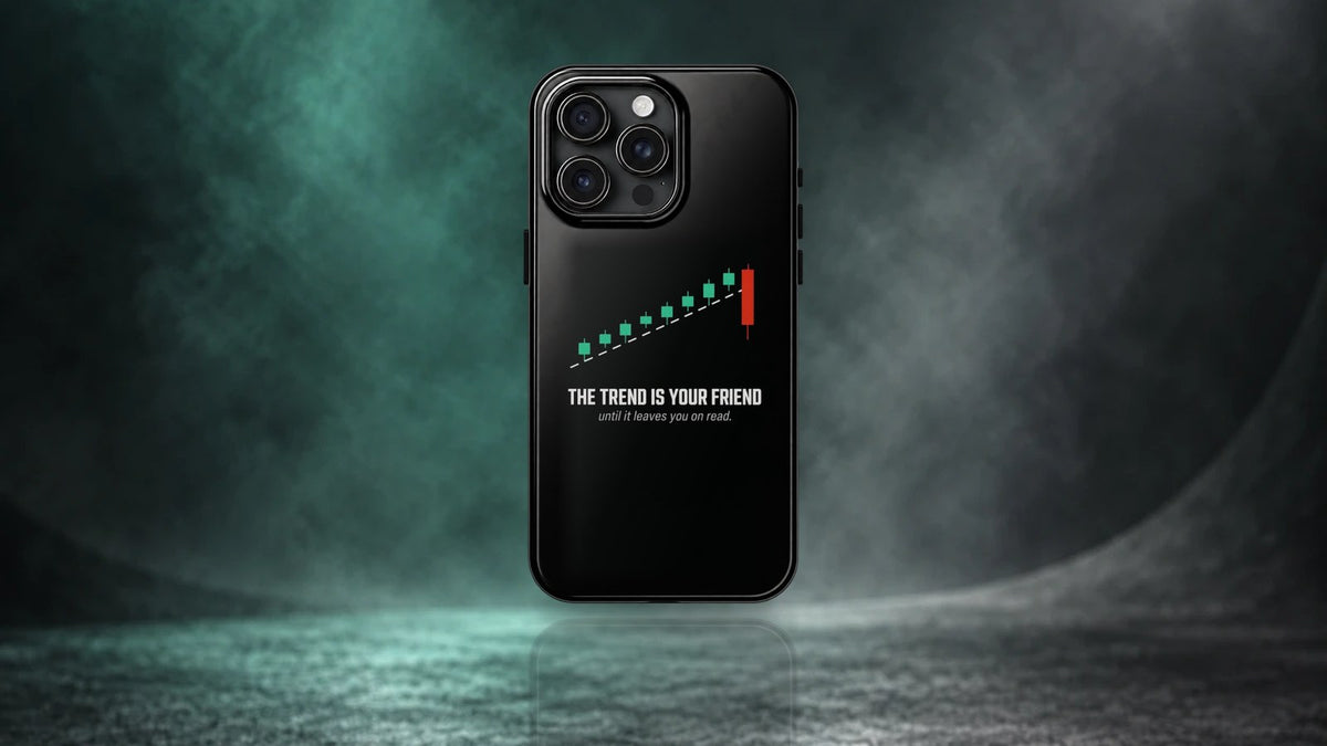 The Trend Is Your Friend phone case standing on a dark teal studio floor