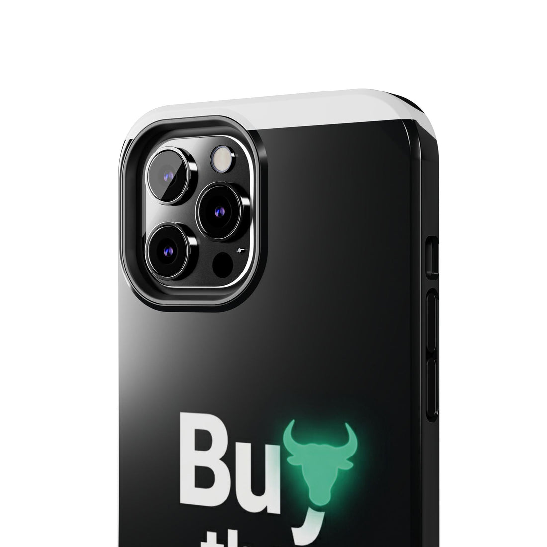 Close-up of a Buy the Dip tough phone case showing the green bull detail