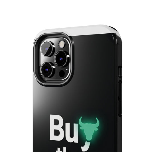 Close-up of a Buy the Dip tough phone case showing the green bull detail