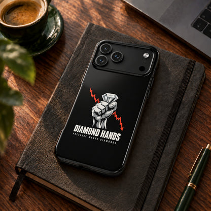 Diamond Hands phone case for iPhone 17 Pro Max, on a desk with coffee and a notebook
