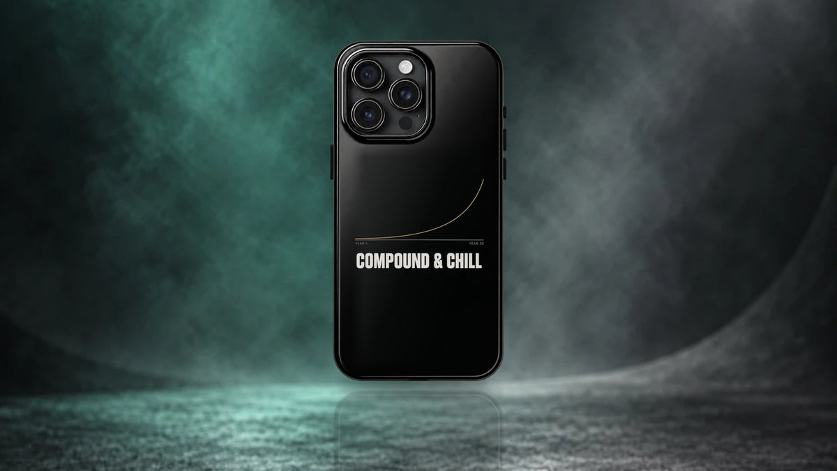 Compound and Chill phone case standing on a dark teal studio floor